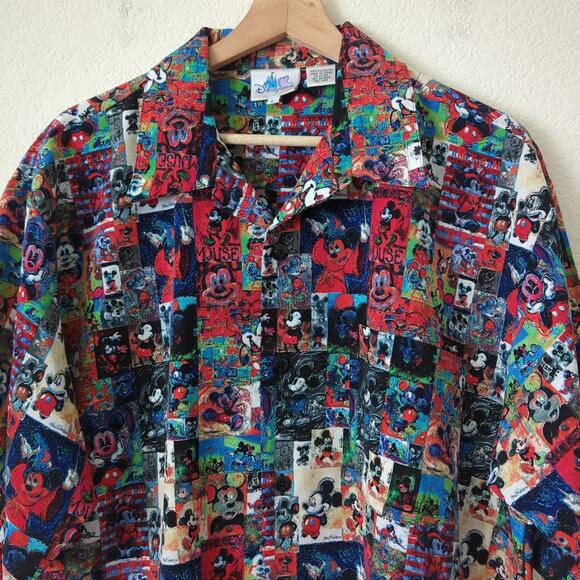 VTG Disney All Over Mickey Mouse Men's Shirt Size Large Button Up Artist Mosaic - Picture 2 of 6